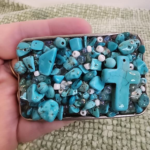 Handmade Stone Cross Belt Buckle Turquoise Howlite Beads Western 3" - Picture 1 of 8